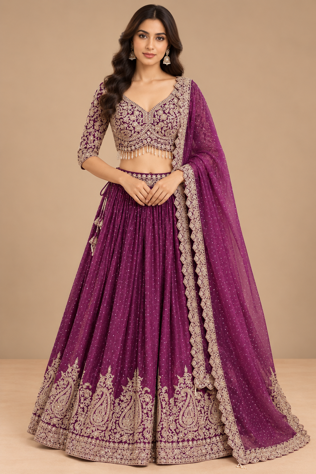 Wine Embroidered Lehenga Choli with Dupatta